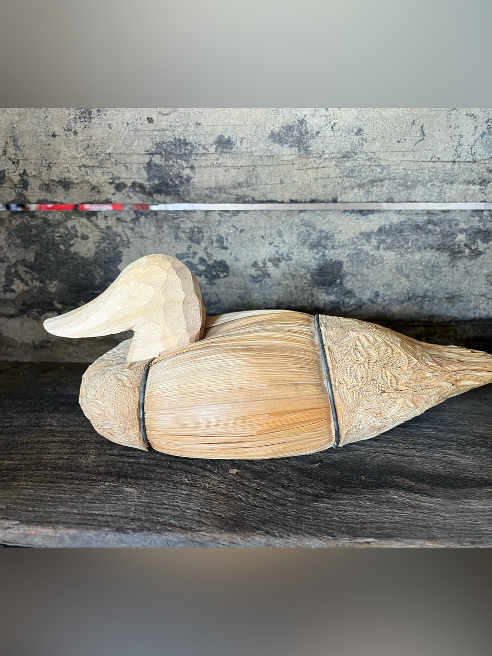Folk art duck decoy corn husk wooden figurine